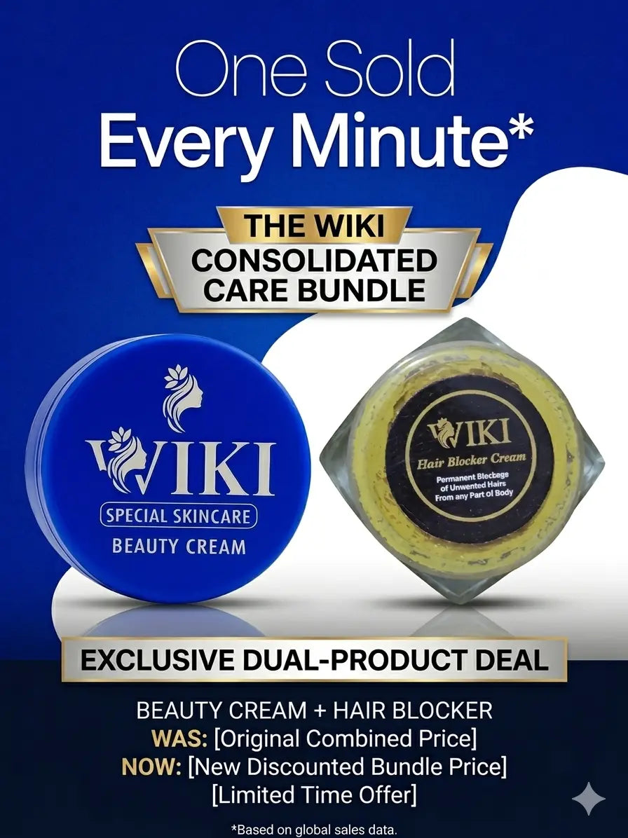 Promotional image for WIKI Beauty Cream and Hair Blocker Cream bundle deal on blue background.