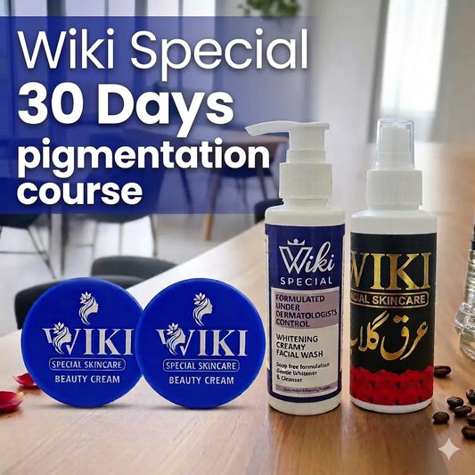 Wiki Special 30 Days pigmentation course set featuring two beauty creams, a whitening facial wash, and rose water spray for clear skin.