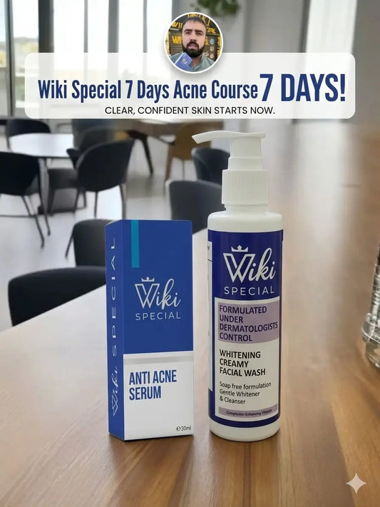 A set of Wiki Special anti-acne skincare products, including a 30ml Anti Acne Serum in a blue box and a larger Whitening Creamy Facial Wash pump bottle. They are arranged on a wooden table with a blurred office background, featuring a testimonial photo of a man and a banner that says "Wiki Special 7 Days Acne Course 7 DAYS! CLEAR, CONFIDENT SKIN STARTS NOW." This comprehensive acne course is now available in Pakistan.