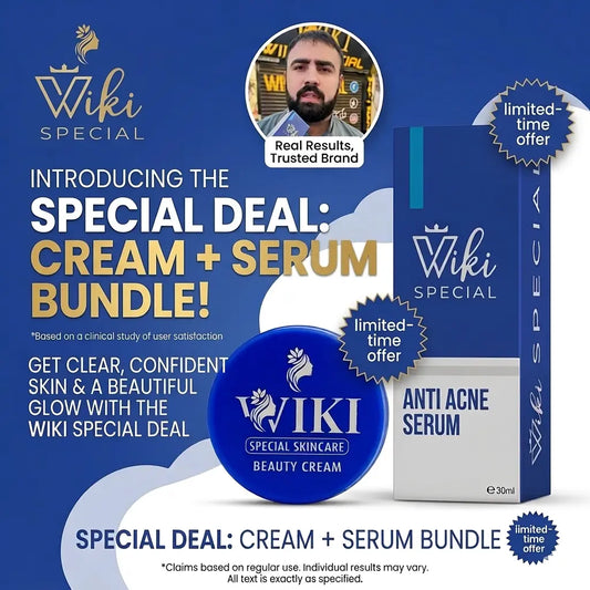 Wiki Special ad featuring anti-acne serum, beauty cream, user review, and bundle deal details.