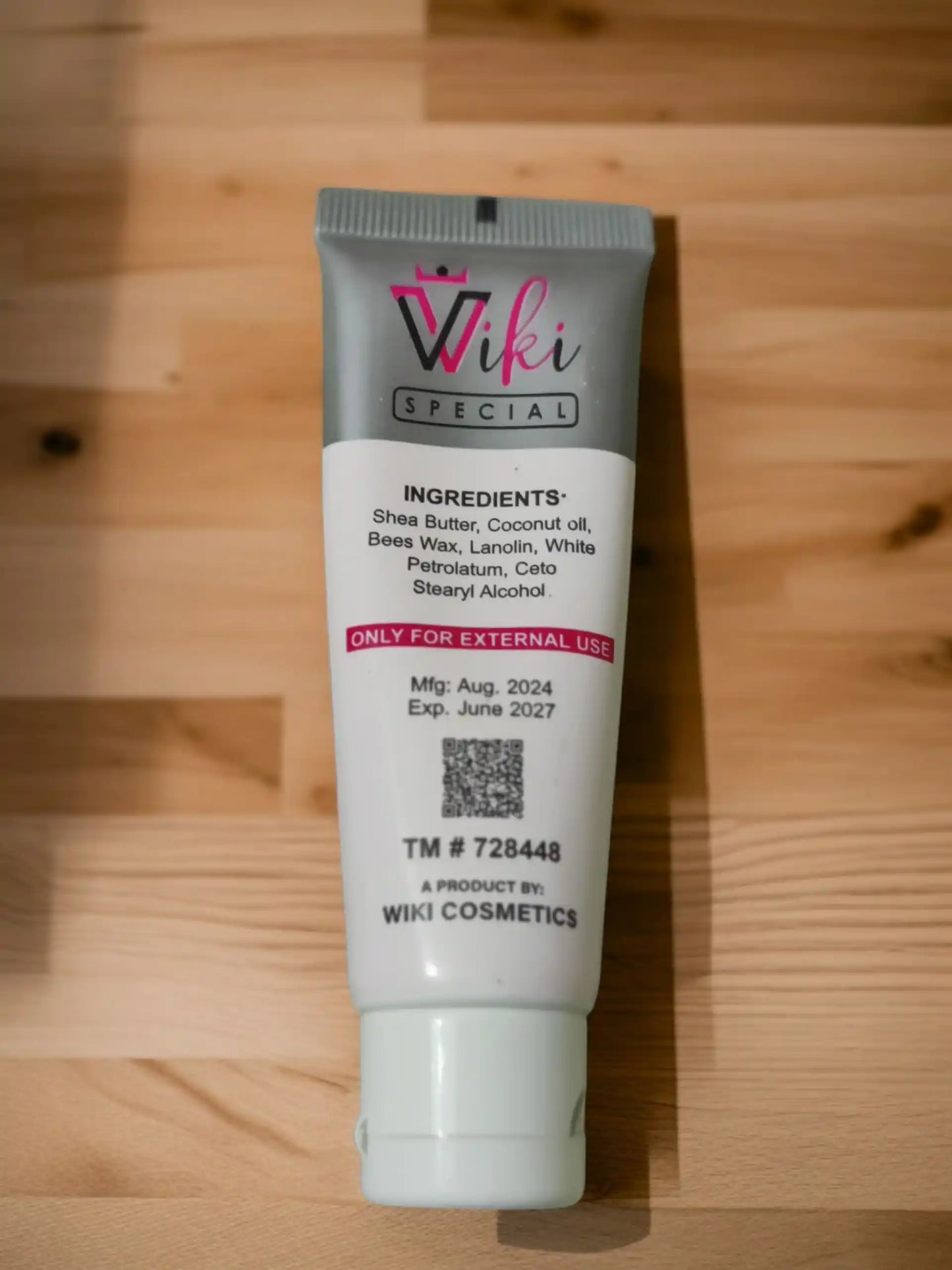 Wiki Special Lip Balm tube back side showing ingredients and manufacture details